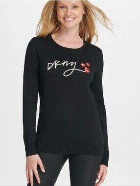 DKNY Black Script Logo Embroidered Floral Crewneck Sweater XS EUC